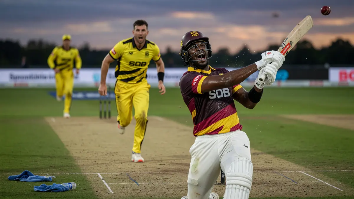 Batter in a maroon Southern Brave kit swinging hard as yellow-kit fielders rush in under evening light